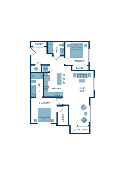 Floor plan for 2 beds, 2 baths, 1113 sqft